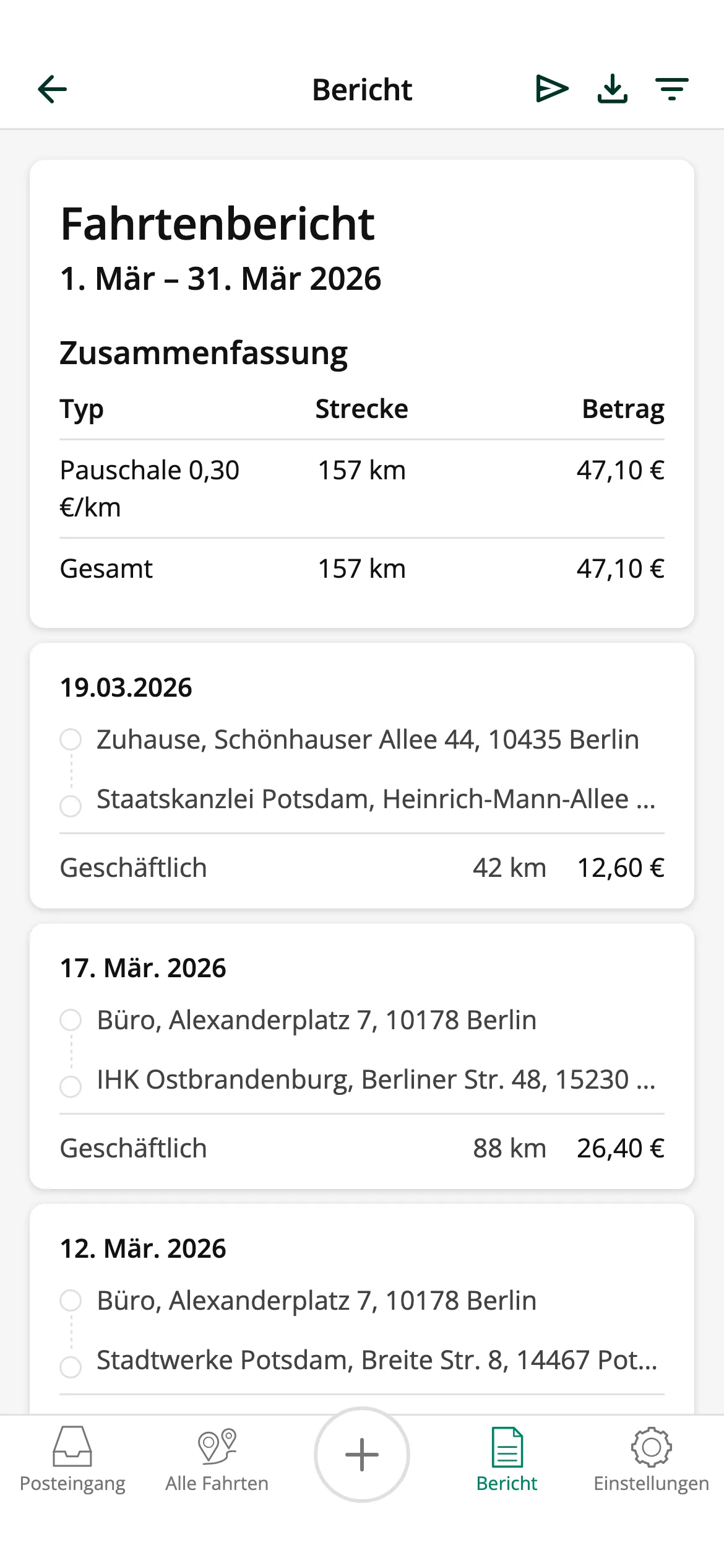 Sofort verfügbare Fahrtenberichte